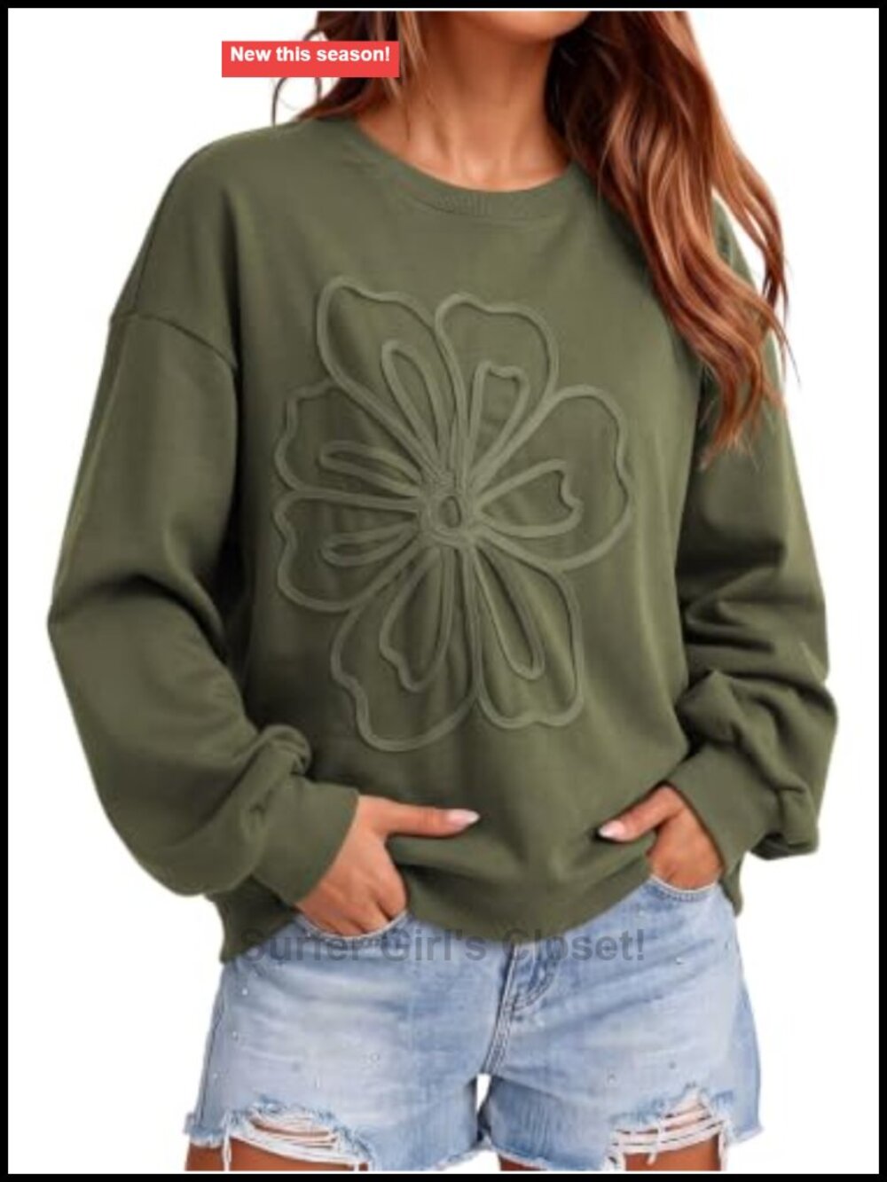 Oversized Lightweight Floral Embroidered Sweatshirt Cotton Blend Pullover
